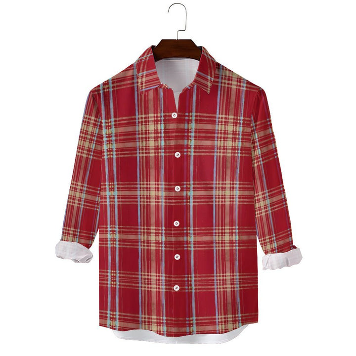 Men's Casual Beach Vacation Red Plaid Printed Long Sleeve Shirt 2312000199