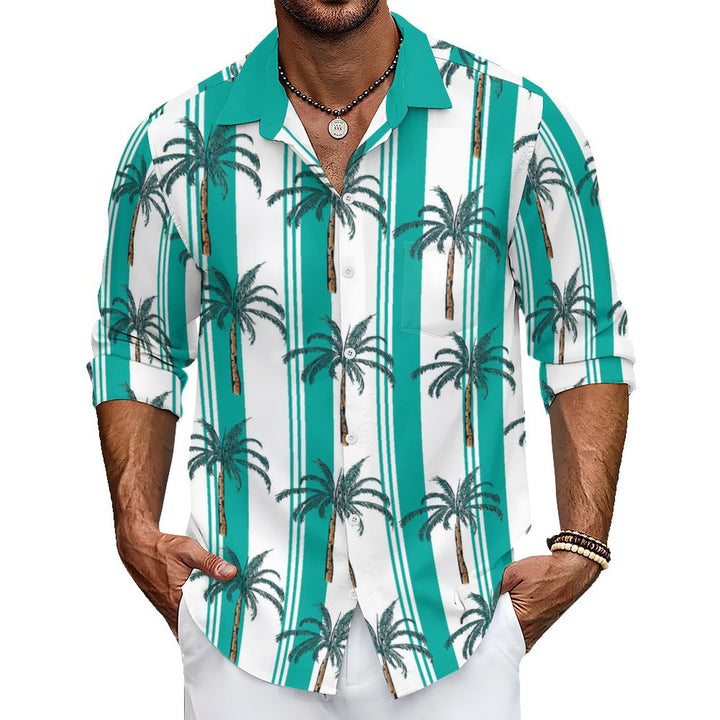 Men's Casual Coconut Palm Stripes Printed Long Sleeve Shirt 2403000050