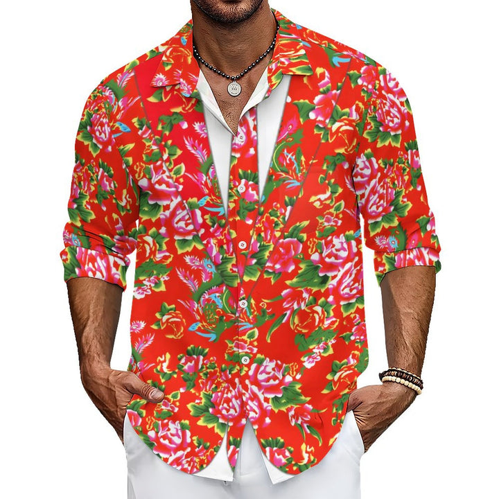 Men's Casual Red Floral Print Long Sleeve Shirt 2401000289