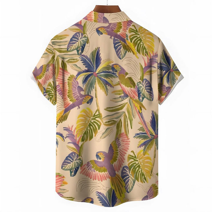 Men's Hawaiian Retro Watercolor Parrot Casual Short Sleeve Shirt 2402000092
