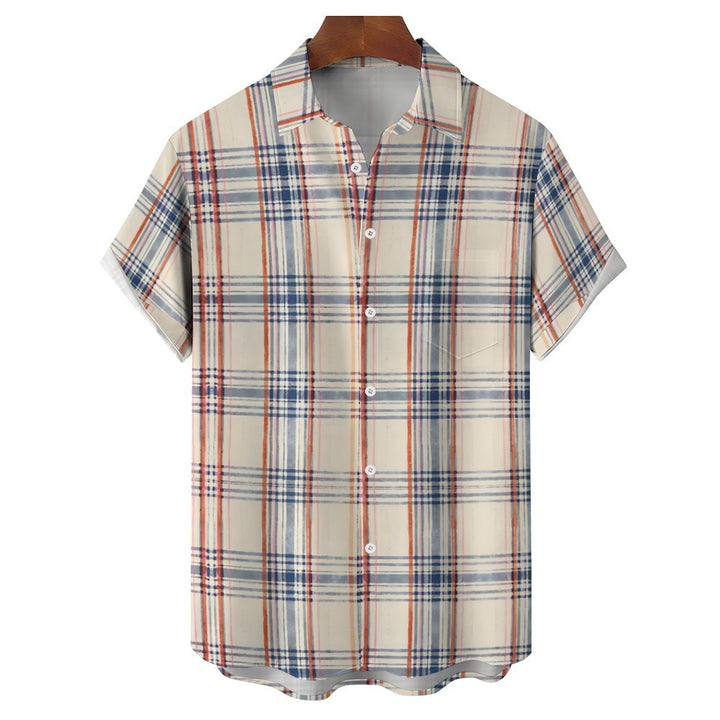 Beach Vacation Off-White Plaid Casual Short Sleeve Shirt 2312000188