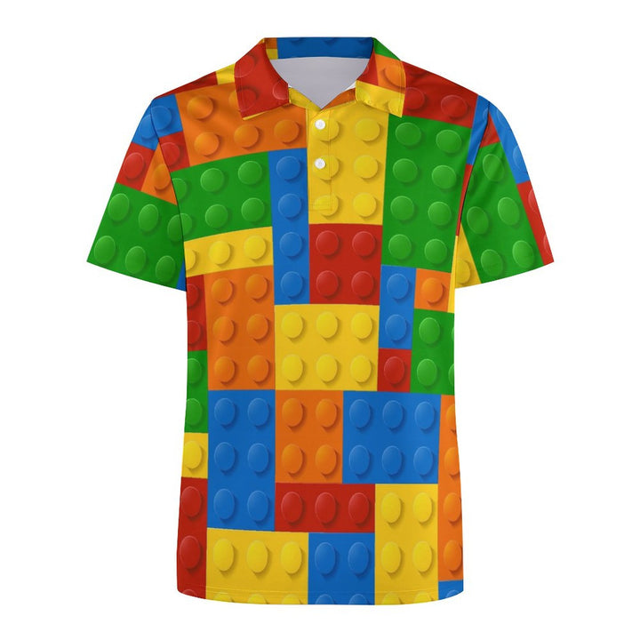 Men's Button-Down Short Sleeve Block Art Print Polo Shirt 2312000151