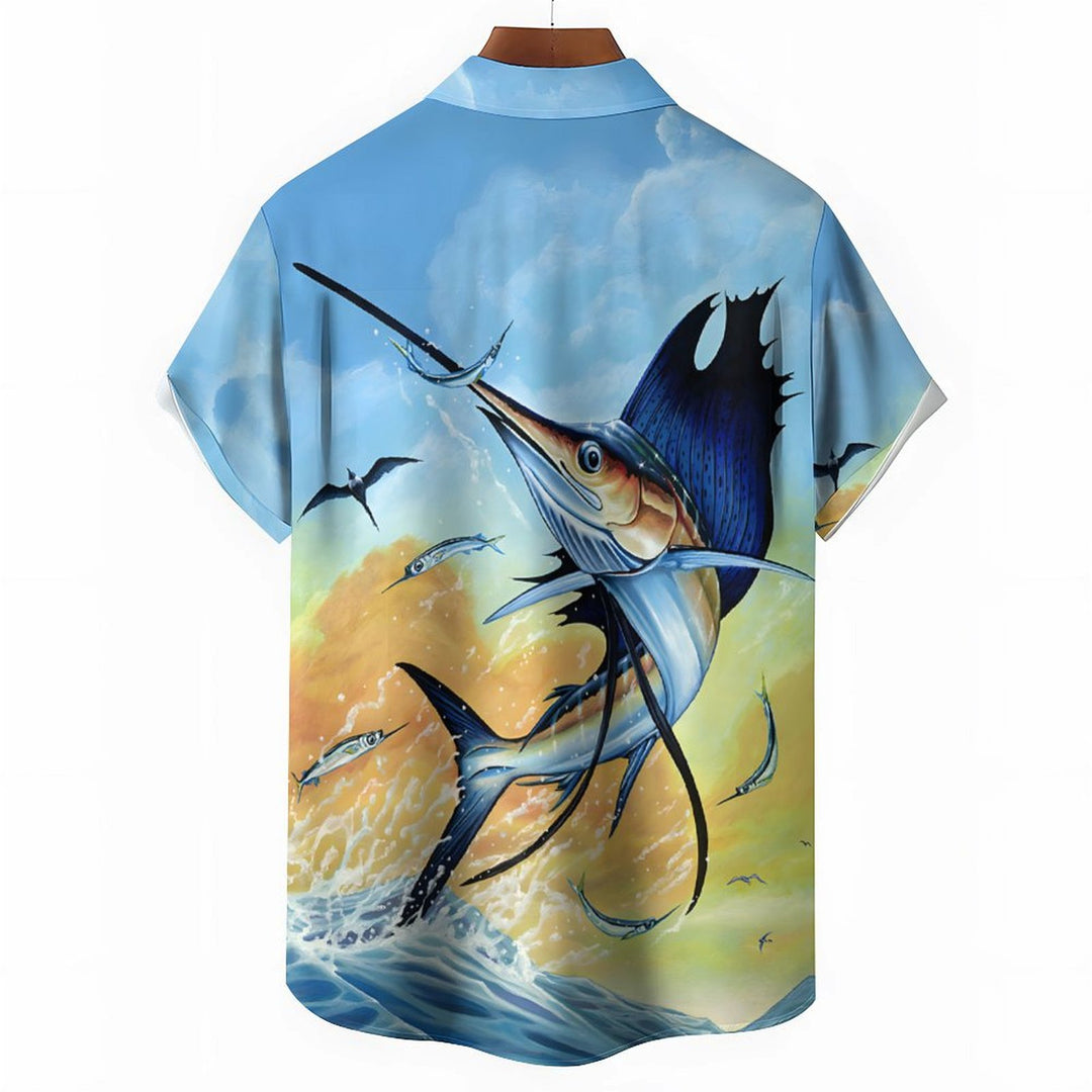 Men's Hawaiian Ocean Fish Print Short Sleeve Shirt 2401000137