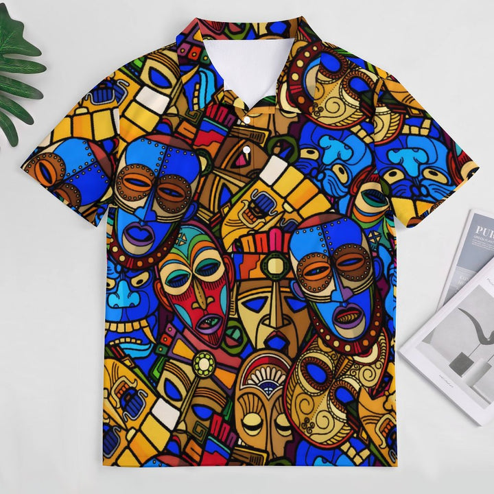Men's Button-Down Short Sleeve TIKI Art Print Polo Shirt 2312000269