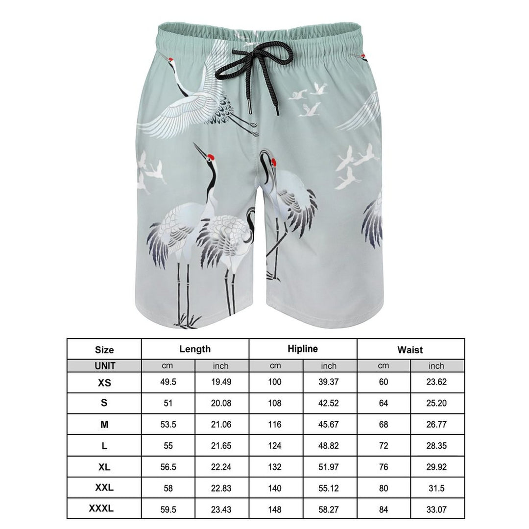 Men's Red Crowned Crane Art Beach Shorts 2312000430