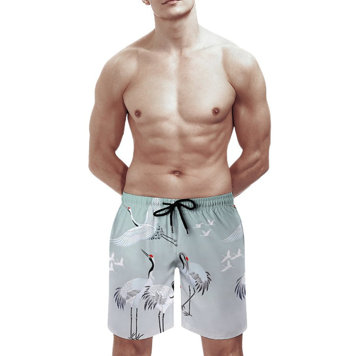 Men's Red Crowned Crane Art Beach Shorts 2312000430