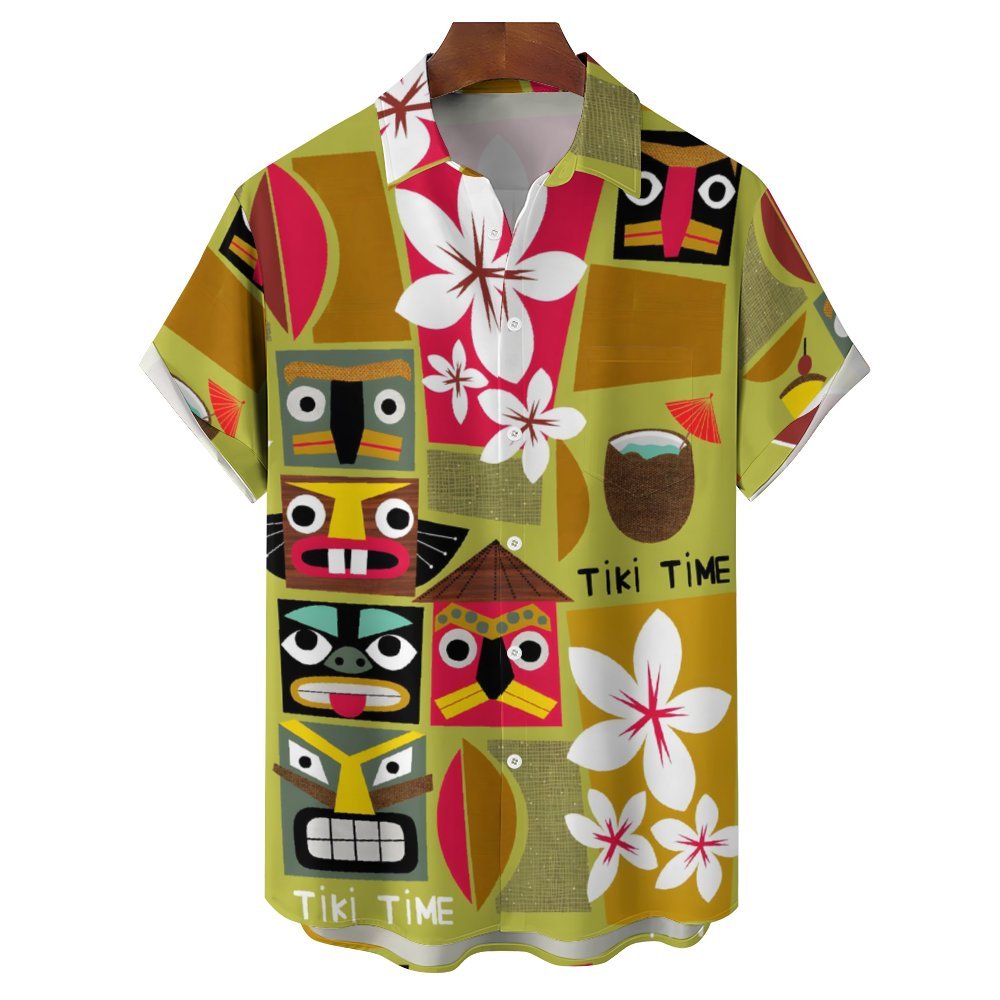 Vintage Tiki Geometric Floral Print Men's Button Pocket Short Sleeve Shirt 2402000166