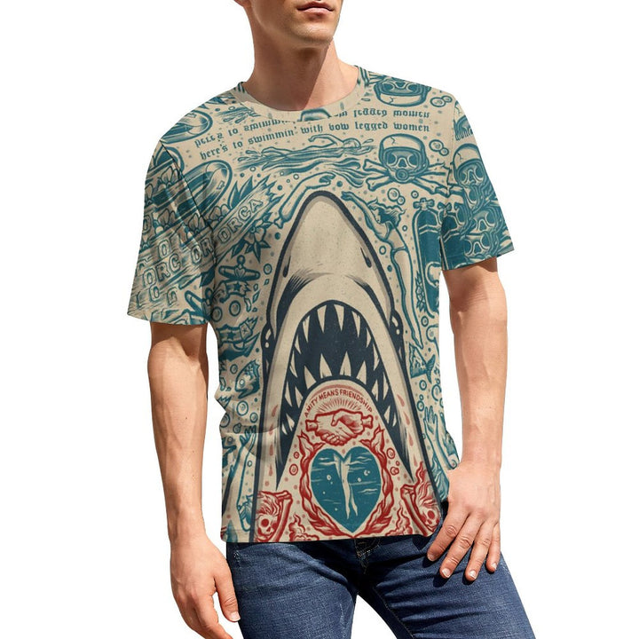 Men's shark print crew neck casual T-shirt 2311000181