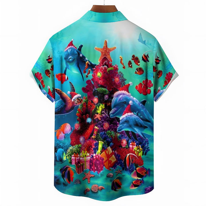 Christmas Hat Sea Animal Casual Short Sleeve Shirt 2311000645