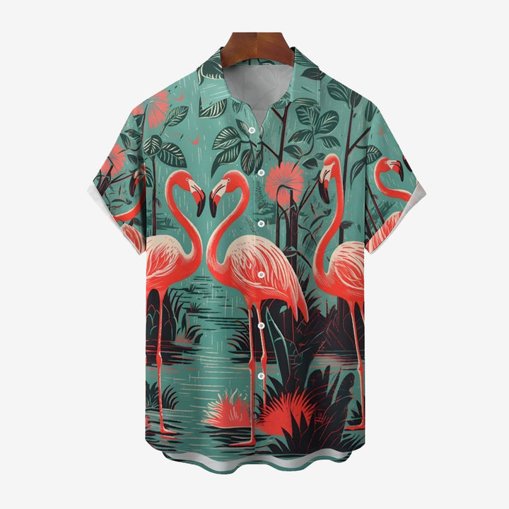 Men's Cotton Holiday Flamingo Casual Short Sleeve Shirt 2402000193