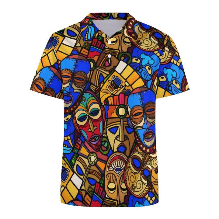 Men's Button-Down Short Sleeve TIKI Art Print Polo Shirt 2312000269