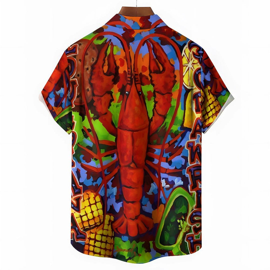 Holiday Carnival Men's Hawaiian Shirt Lobster Cartoon Art Short Sleeve Shirt 2401000234