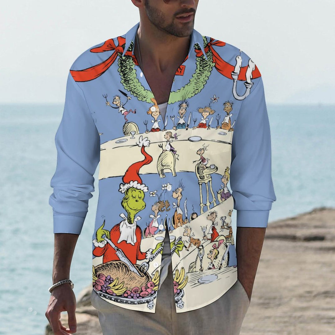 Men's Casual Cartoon Merry Christmas Printed Long Sleeve Shirt 2311000295