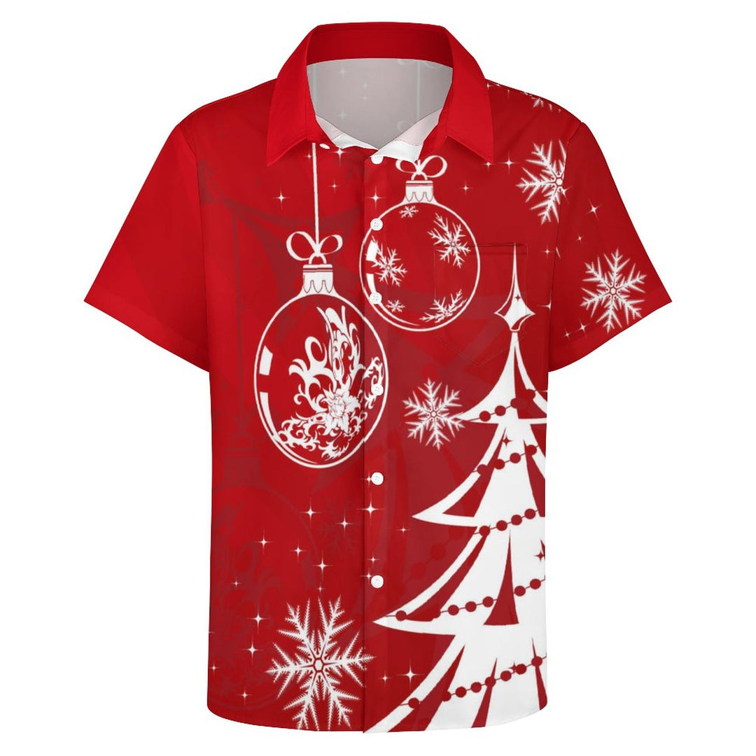 Casual Christmas Themed Print Chest Pocket Short Sleeve Shirt 2309000344