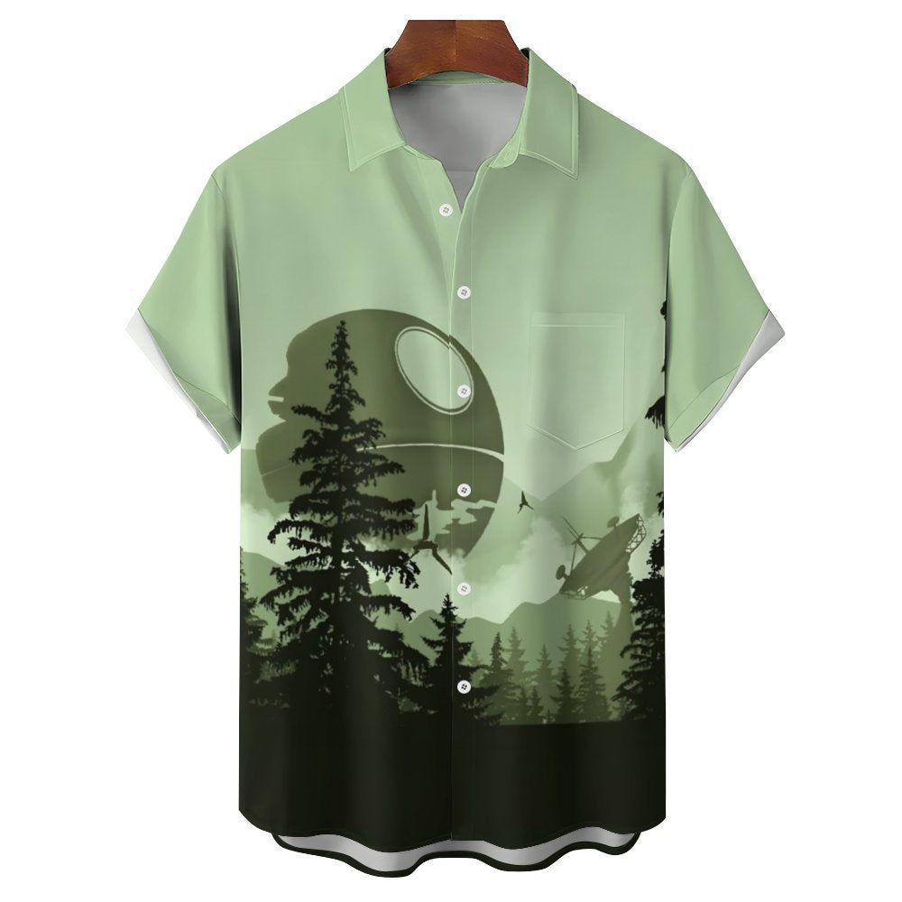 Green Mysterious Technology Base Deep In The Forest Printed Chest Pocket Short-Sleeved Shirt 2402000123