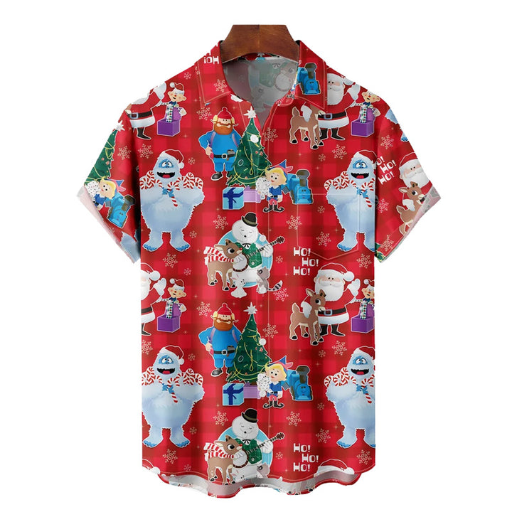 Christmas Holiday Red Men's Hawaiian Shirt Elk Cartoon Abominable Snow Monster Shirts 2311000185