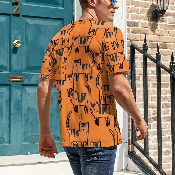 Men's Orange Cat Round Neck Casual T-shirt 2401000111