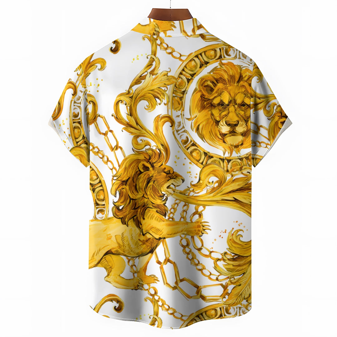 Men's Baroque Lion Chain Casual Short Sleeve Shirt 2403000129