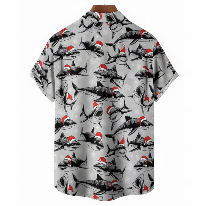 Christmas Sharks Chest Pocket Short Sleeve Shirt 2311000457