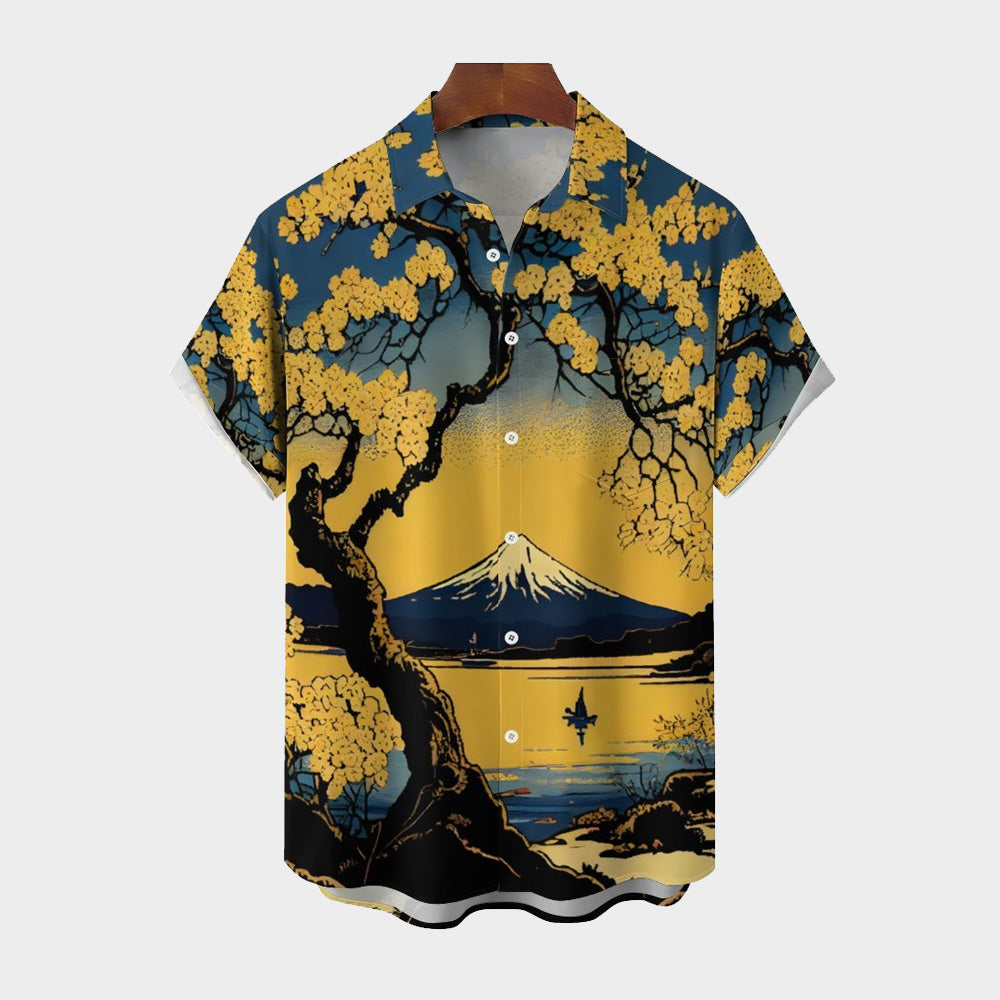 Ukiyoe Japanese Mount Fuji Yellow Floral Chest Pocket Short-Sleeved Shirt 2402000143