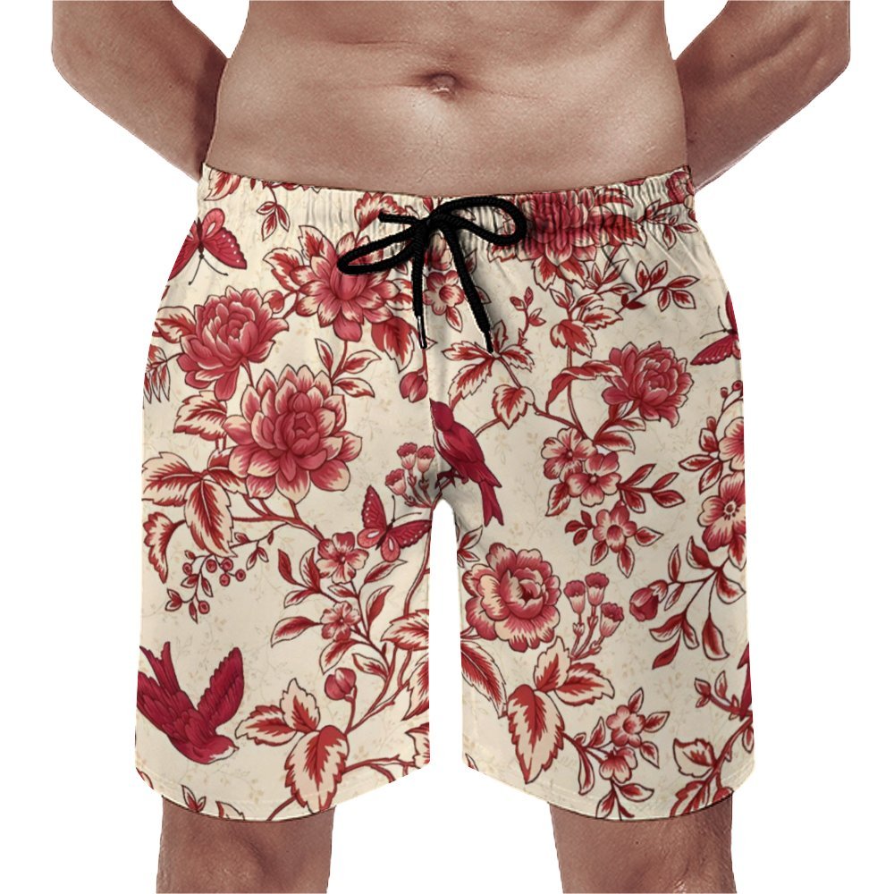 Men's Flower And Bird Art Print Beach Shorts 2402000305