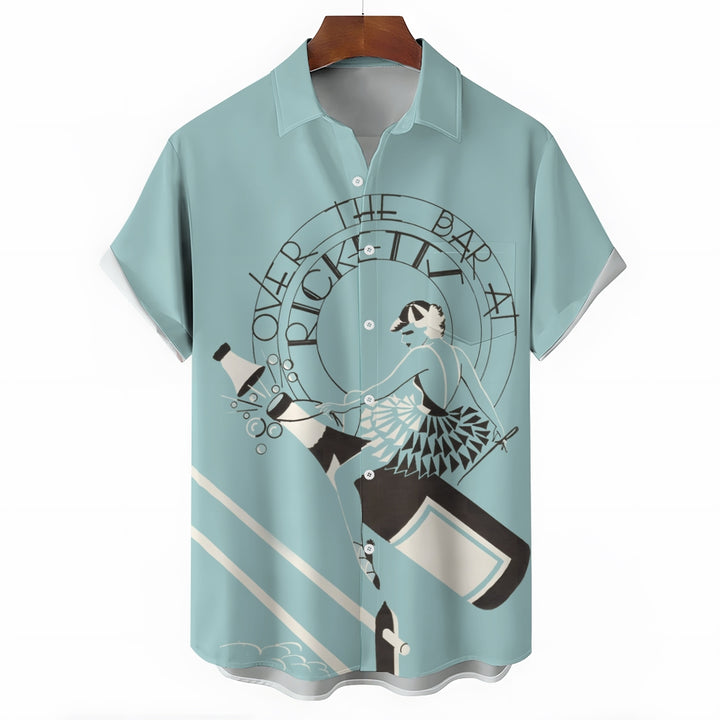 Men's Vintage Beer Girl Print Casual Short Sleeve Shirt  2403000201