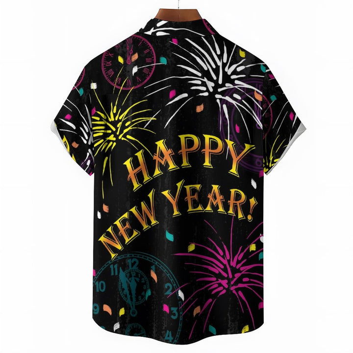 Happy New Year Fireworks Casual Short Sleeve Shirt 2312000056