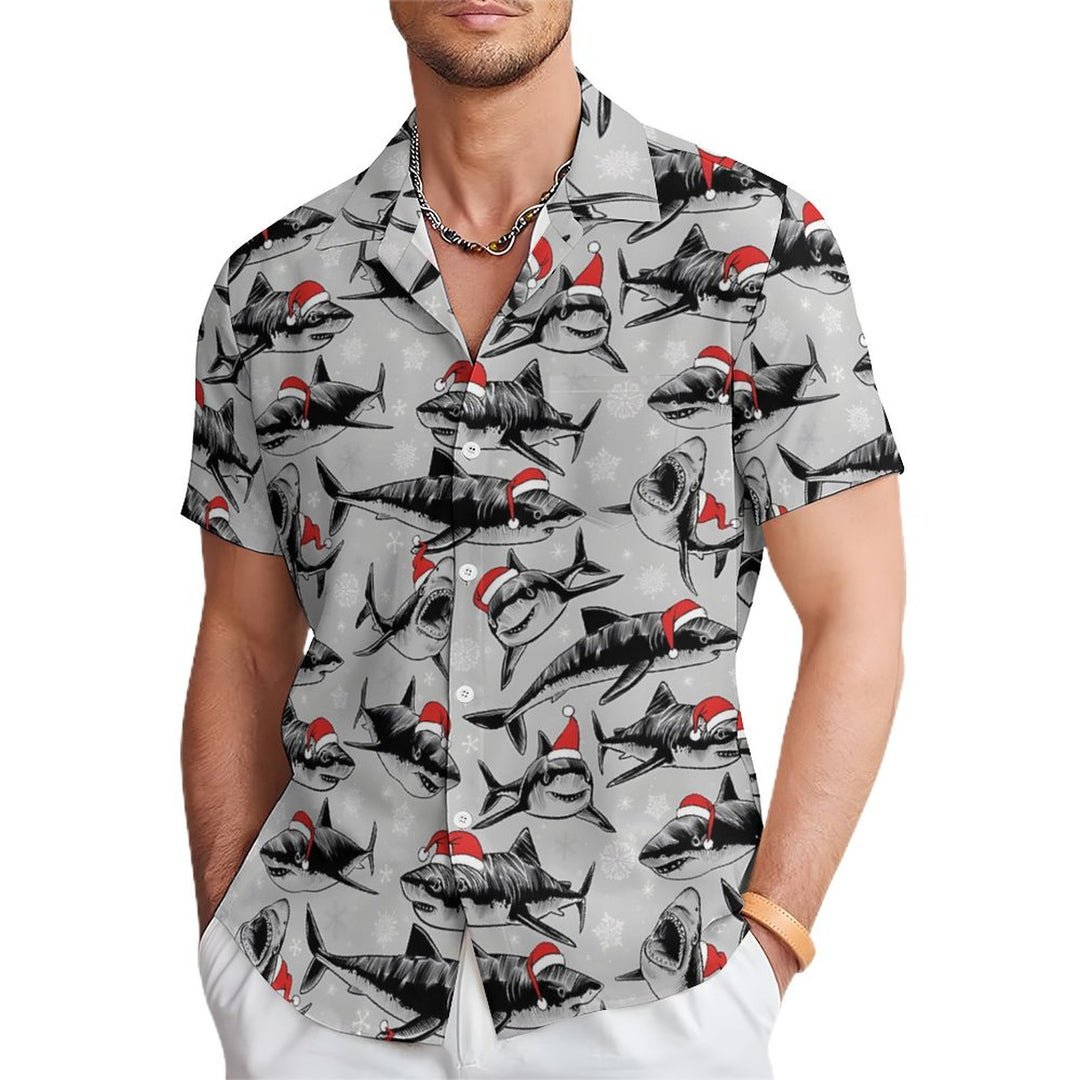 Christmas Sharks Chest Pocket Short Sleeve Shirt 2311000457