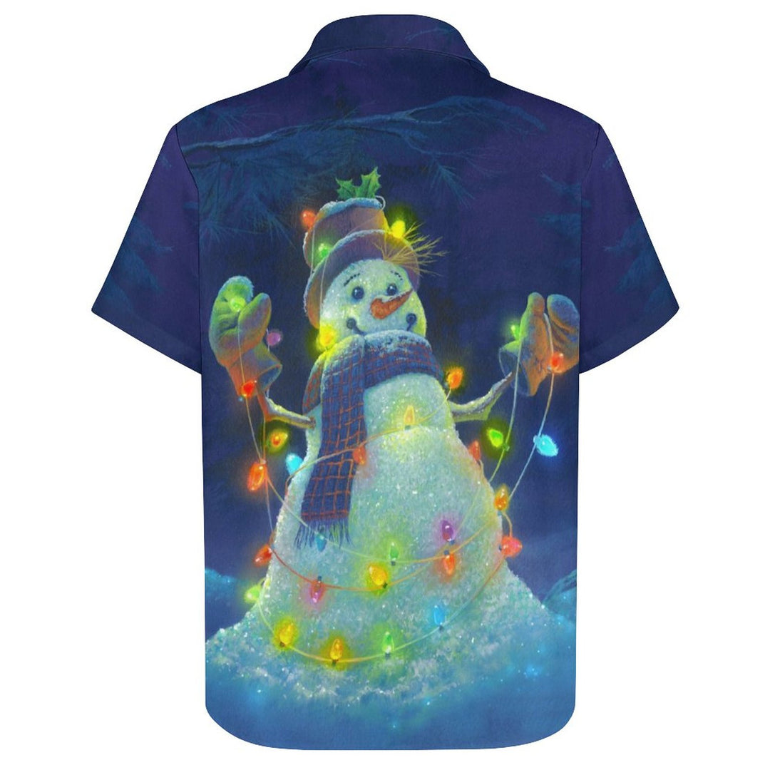 Casual Snowman Print Chest Pocket Short Sleeve Shirt 2309000348