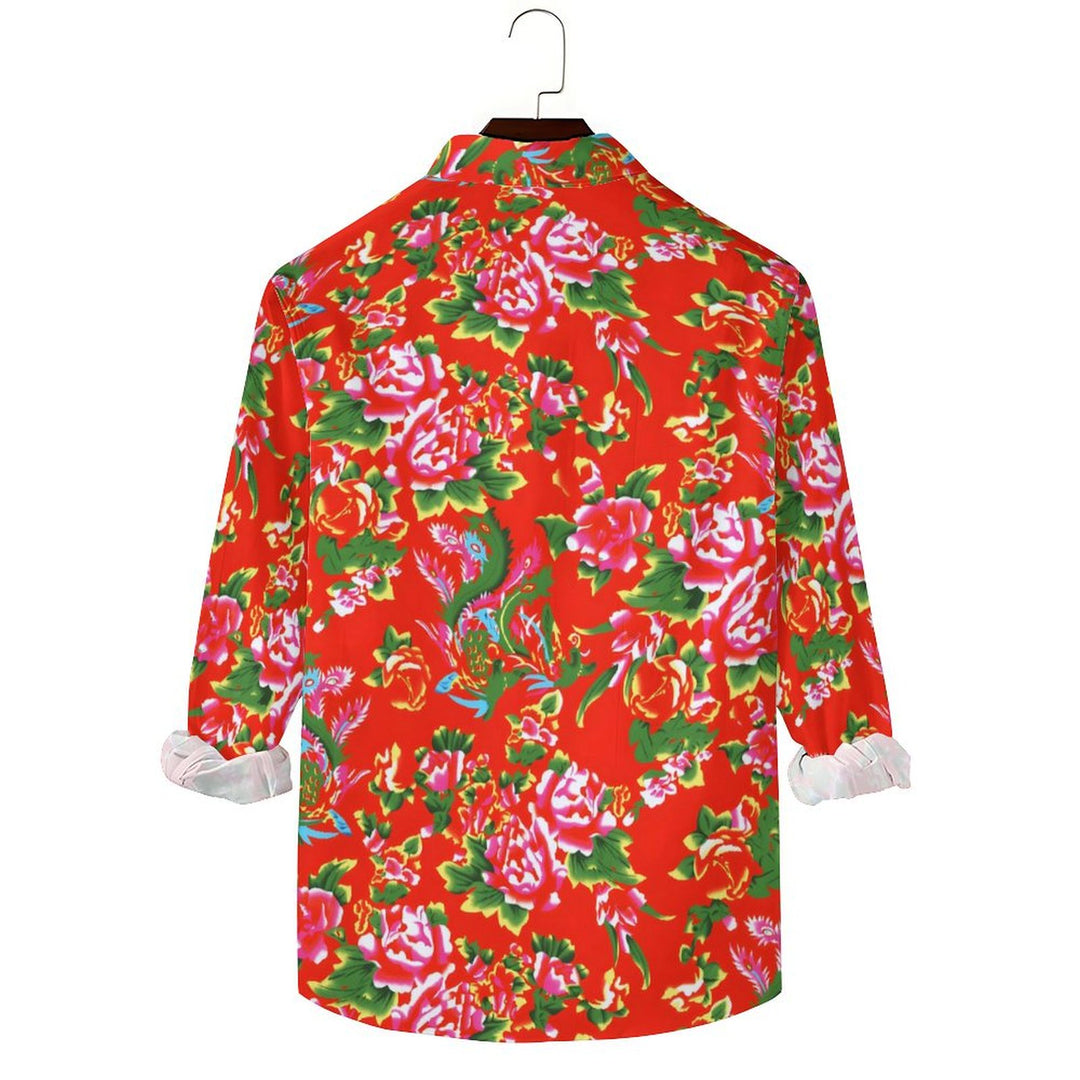 Men's Casual Red Floral Print Long Sleeve Shirt 2401000289