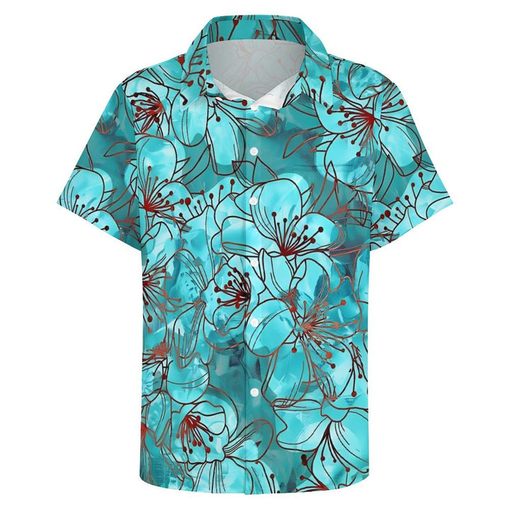 Men's Floral Blue Print Casual Short Sleeve Shirt 2402000229