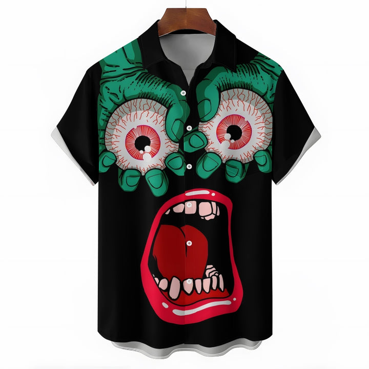 Funny Scary Eyeballs And Mouth Prints Casual Short Sleeve Shirt 2403000105