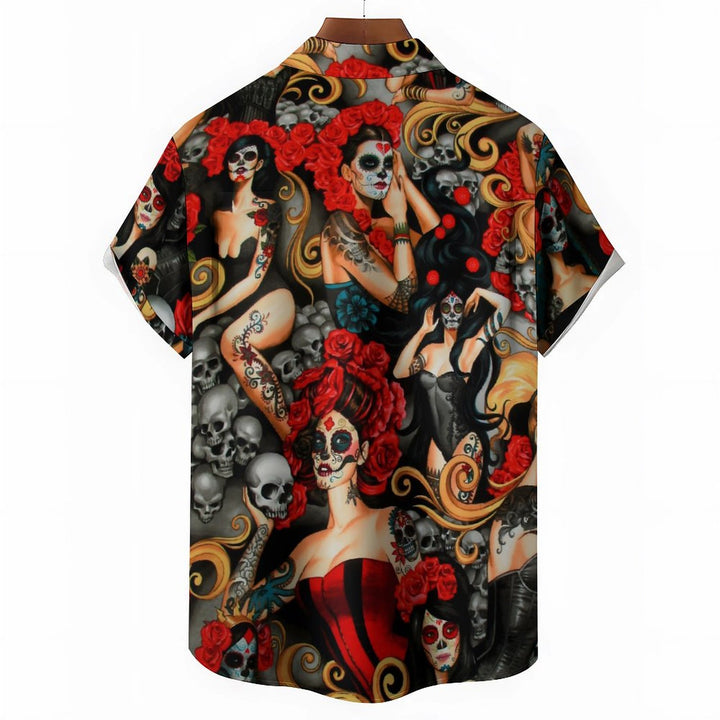 Retro Mexican Culture Girl Casual Short Sleeve Shirt 2401000212