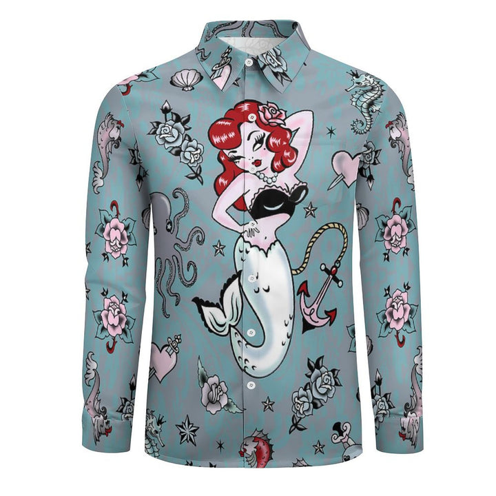 Men's Casual Mermaid and Sailor Printed Long Sleeve Shirt 2402000337