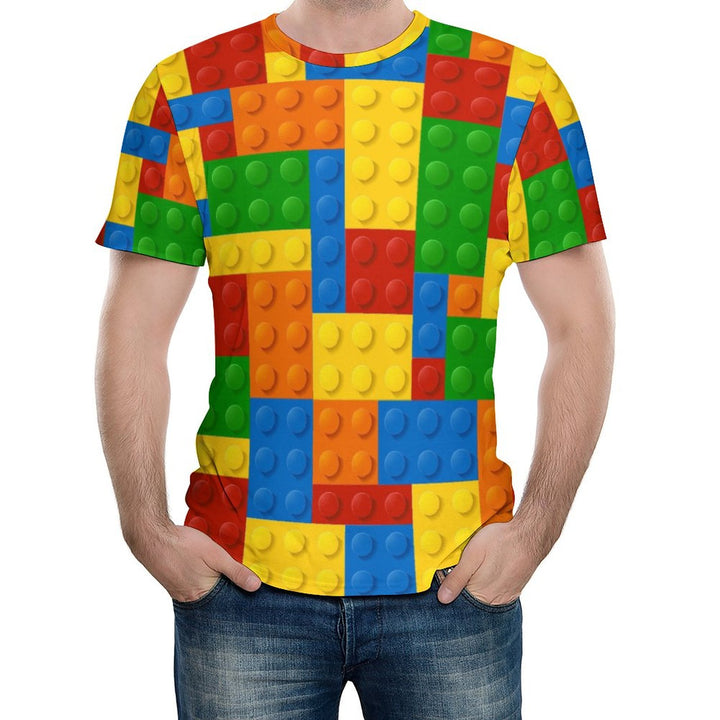 Men's Round Neck Building Block Print Casual T-shirt 2307100824