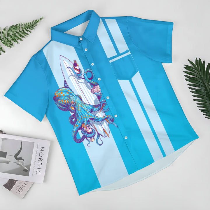 Men's Octopus Print Stripes Casual Short Sleeve Shirt 2403000336