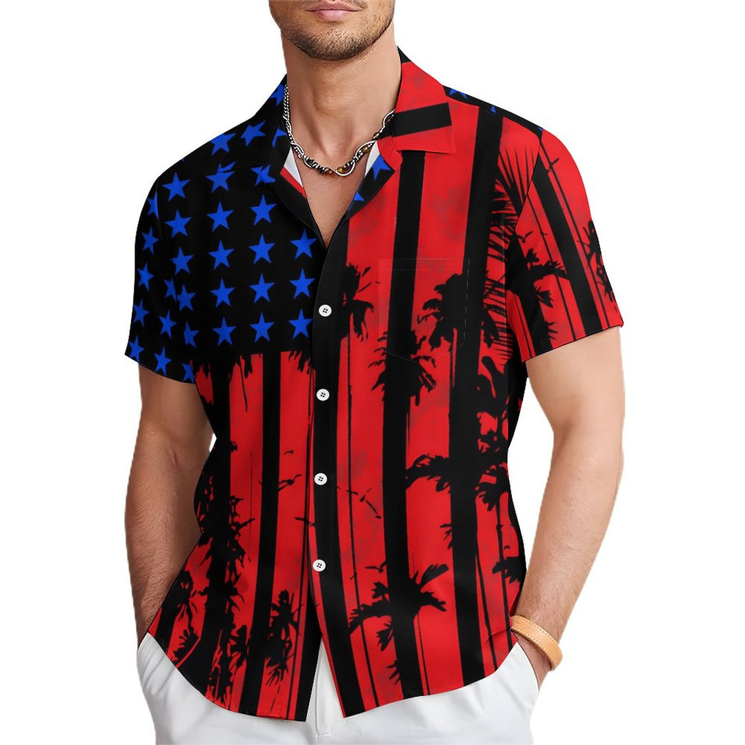 Flag Coconut Tree Chest Pocket Short Sleeve Casual Shirt 2312000516