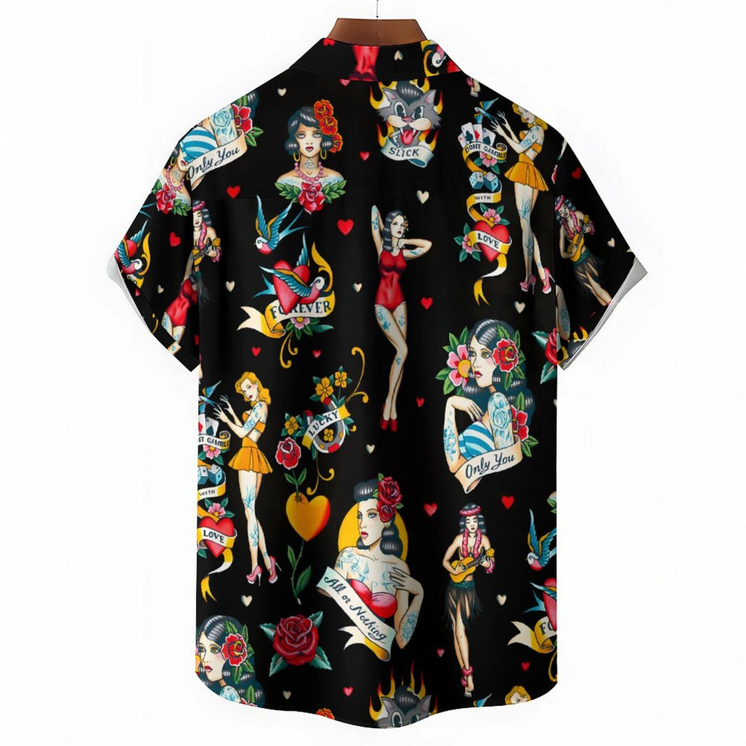 Men's Hawaiian Girls Rose Casual Short Sleeve Shirt 2401000277