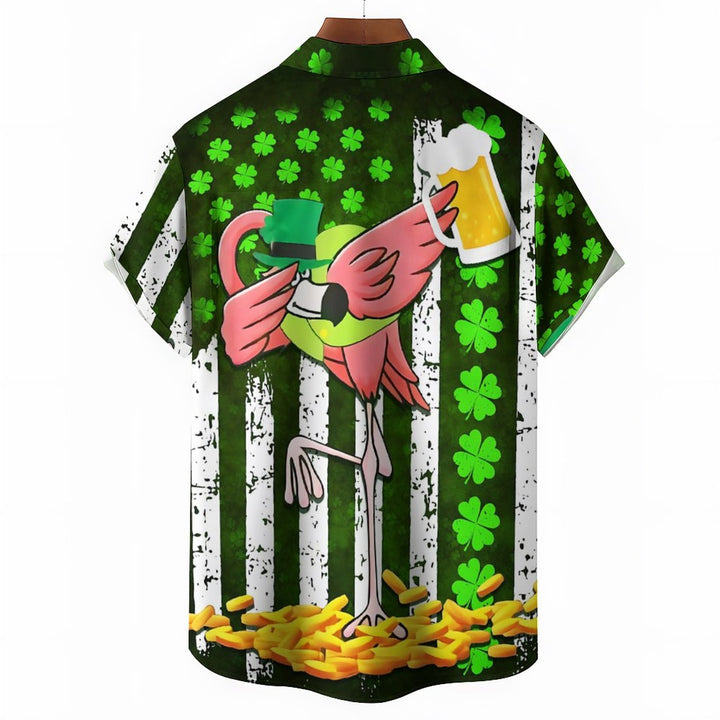 St. Patrick's Day Flamingo Chest Pocket Short Sleeve Casual Shirt 2312000497