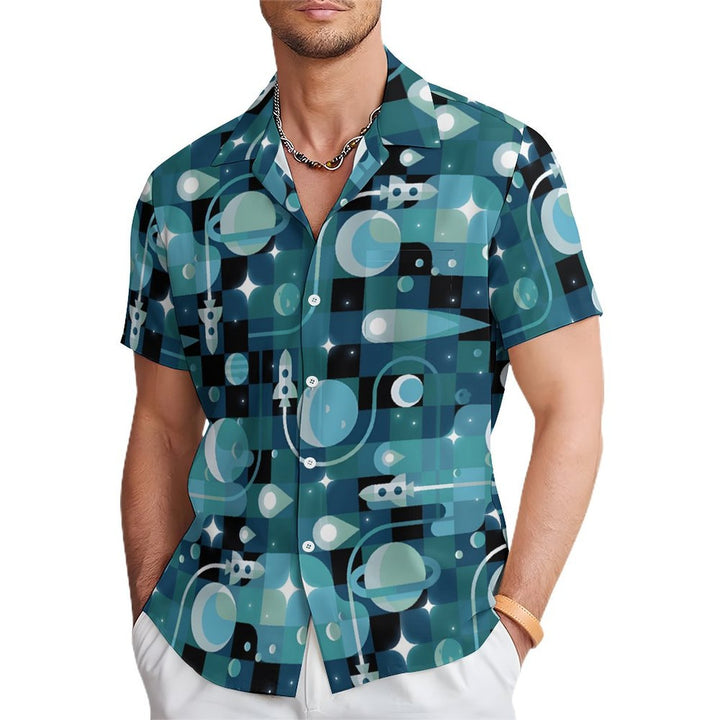 Planet And Rocket Geometric Print Casual Short Sleeve Shirt 2402000308