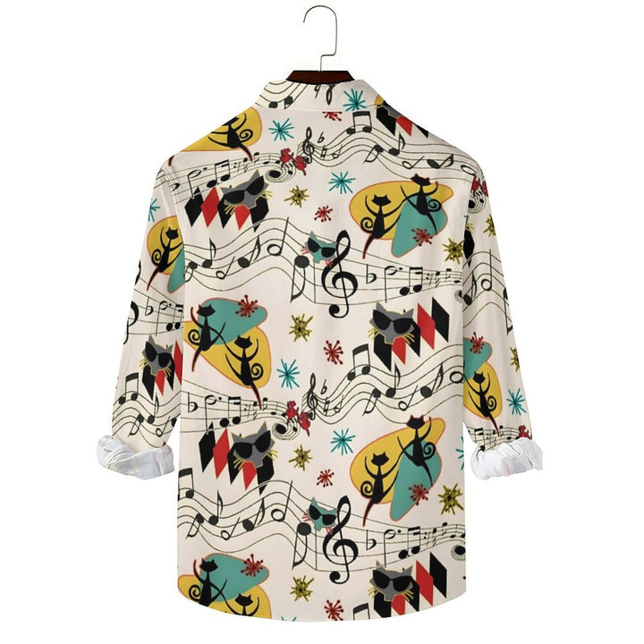 Men's Casual Geometric Cat Musical Notation Printed Long Sleeve Shirt 2401000164