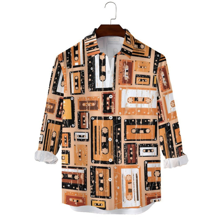 Men's Casual Cassette Tape Printed Long Sleeve Shirt 2402000298