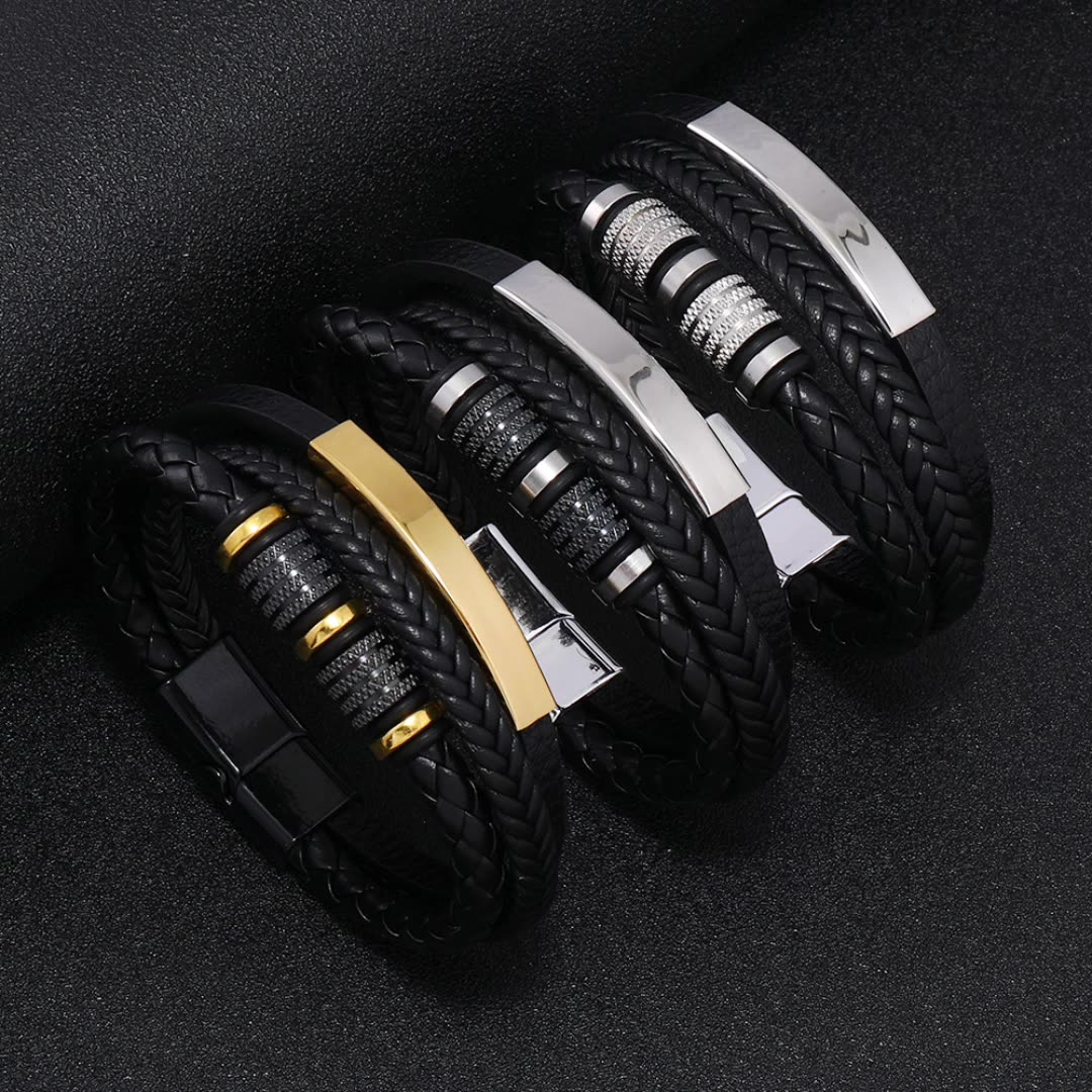 Creative Woven Leather Bracelet, Personalized Fashionable Titanium Steel Accessories Bracelet, Magnetic Buckle 240200948