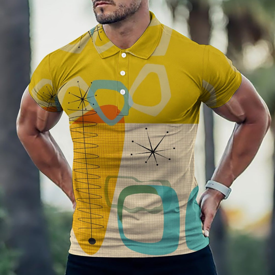 Men's Button-Down Short Sleeve Geometric Print Polo Shirt 2312000160