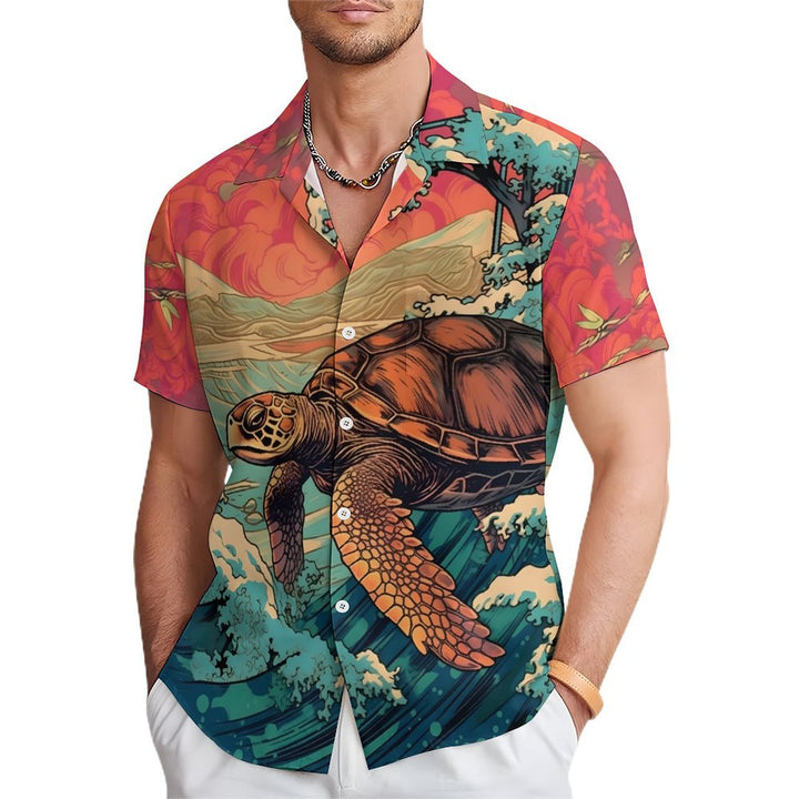 Ukiyoe Art Style Sea Turtle Casual Short Sleeve Shirt 2402000124