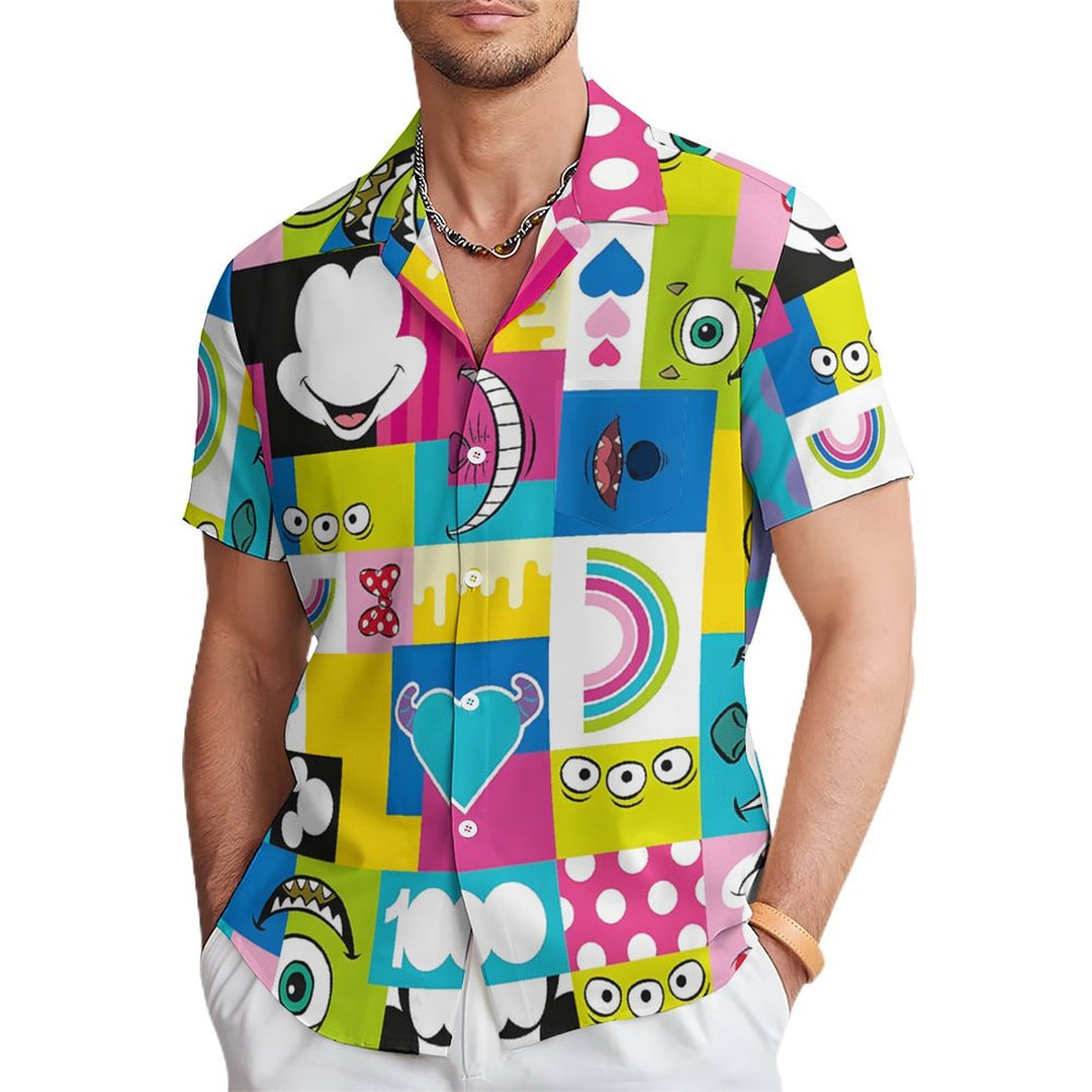 Cartoon Color Block Splicing Character Print Casual Short-Sleeved Shirt 2401000351