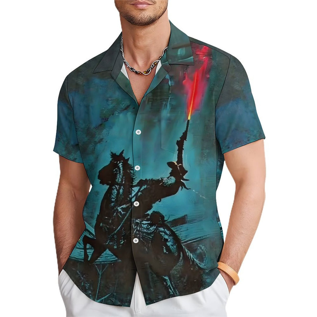 Men's Retro Denim Print Casual Short Sleeve Shirt 2402000360