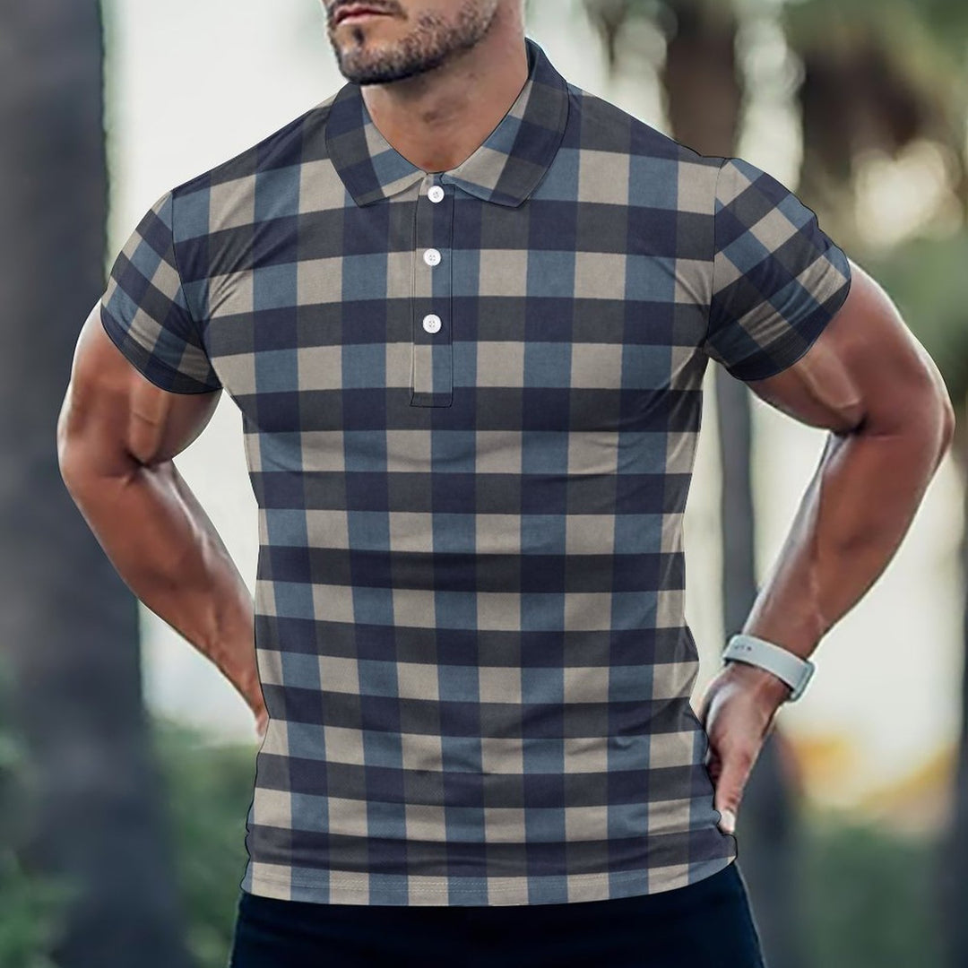 Men's Button-Down Short Sleeve Check Polo Shirt 2312000285