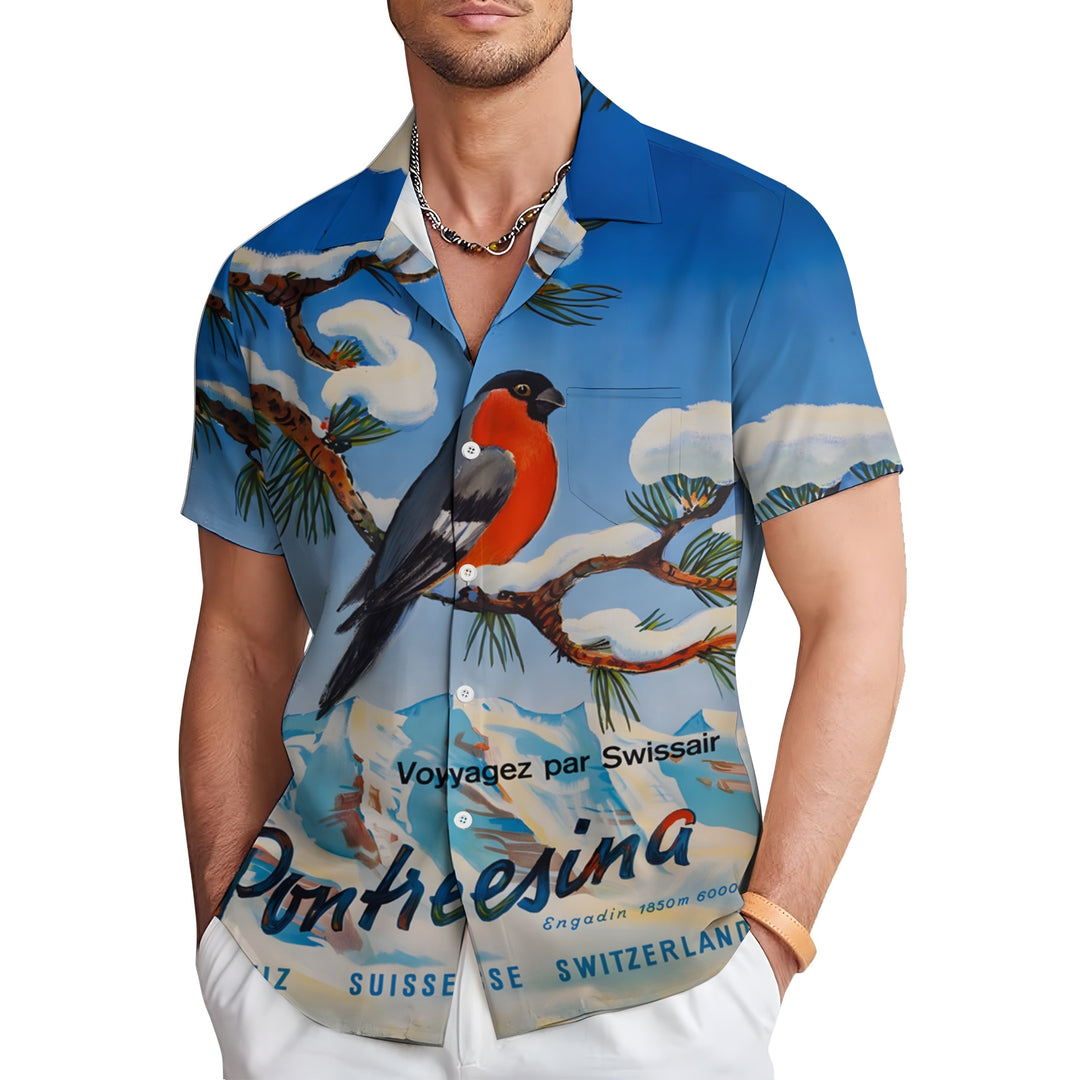 Men's Snowy Mountains And Birds Casual Short Sleeve Shirt 2403000441