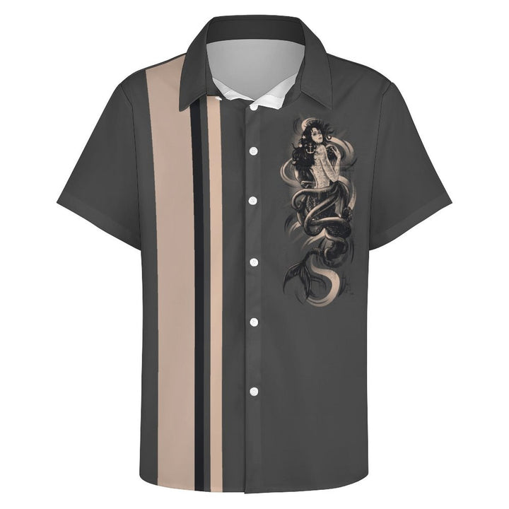 Deep Gray Men's 1970s Vintage Mermaid Short Sleeve Cuban Collar Bowling Shirt 2401000396
